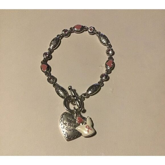 NEW~Inspirational Silver Pink Ribbon~Angel~Hearts Charm Toggle Bracelet - Picture 2 of 2